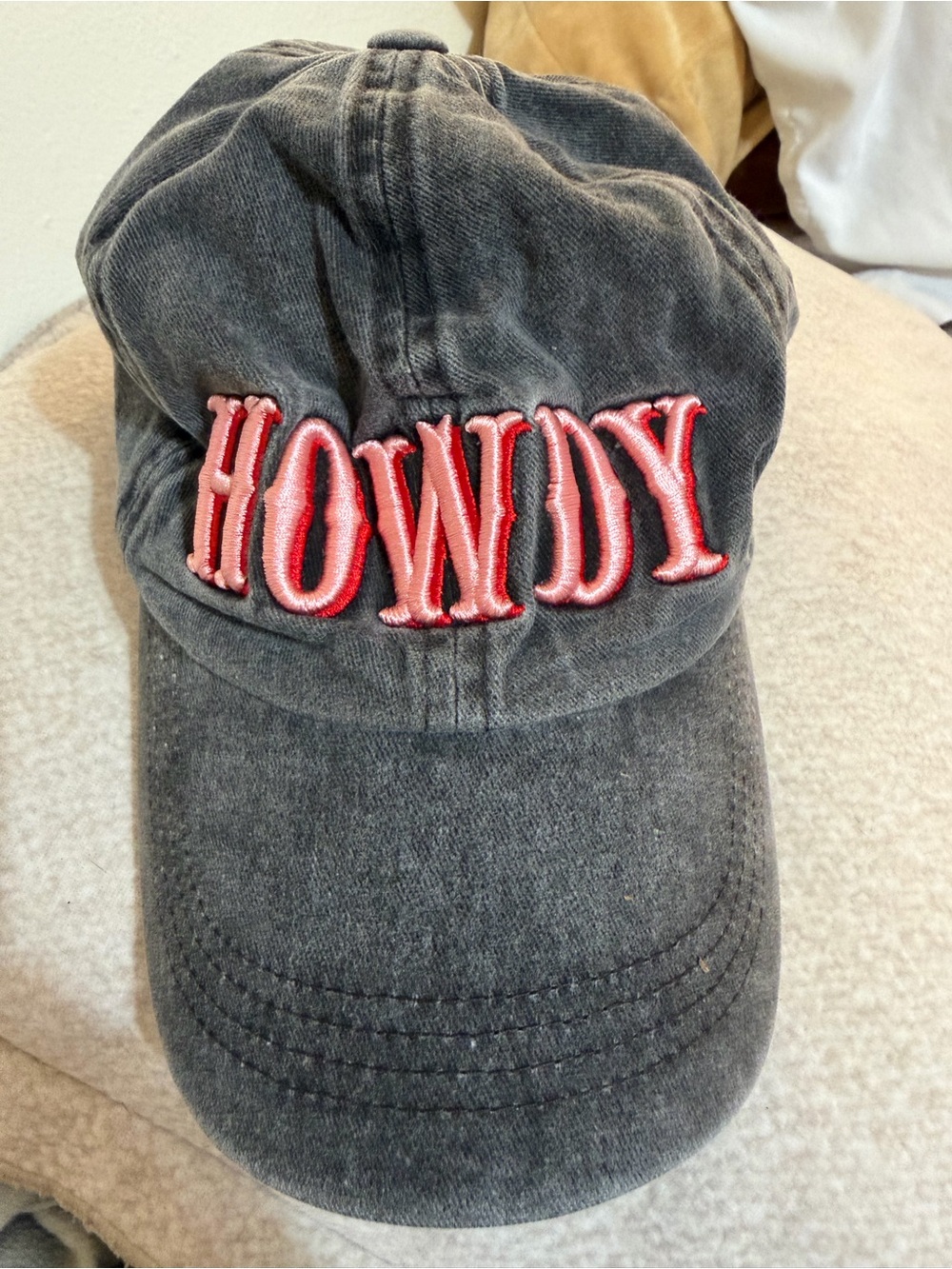 Hobby Lobby "HOWDY" Embroidered Washed Gray Baseball Cap with Pink Lettering
